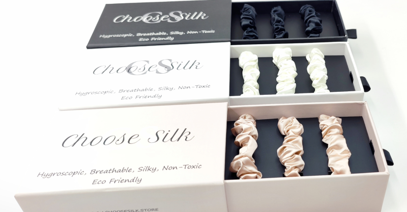 DreamSilk custom silk scrunchie set packaging with 19momme 6A silk material