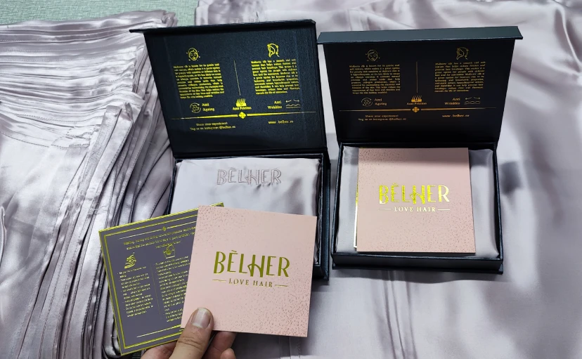 Custom 22momme silk pillowcase gift set with gold foil packaging and BELHER brand embroidery